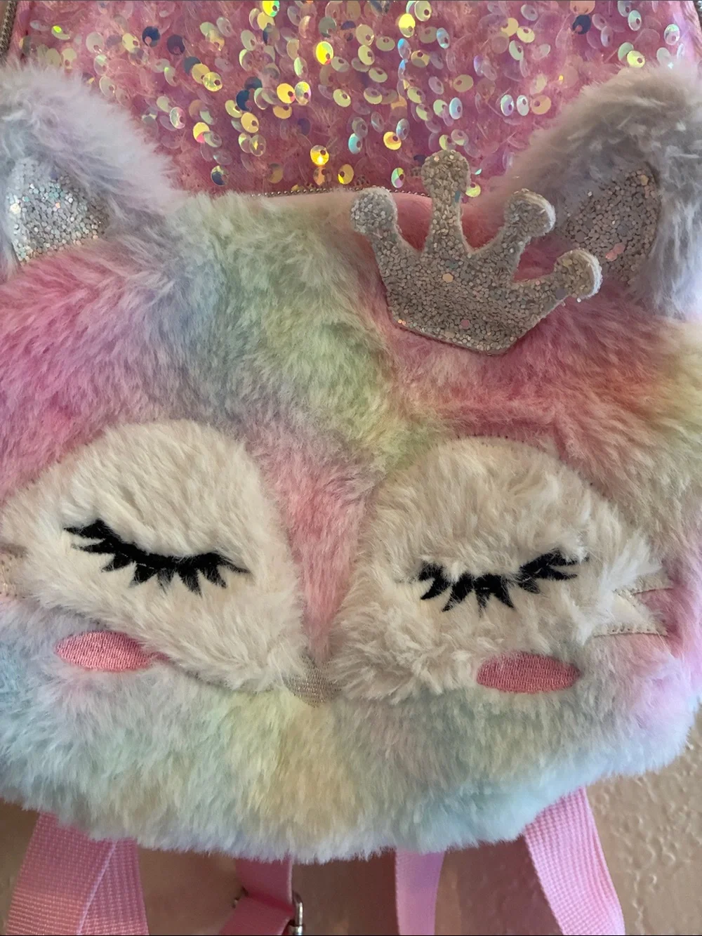 Kids Pink Multicolor Plush Sequin Fuzzy Rainbow Fox Backpack